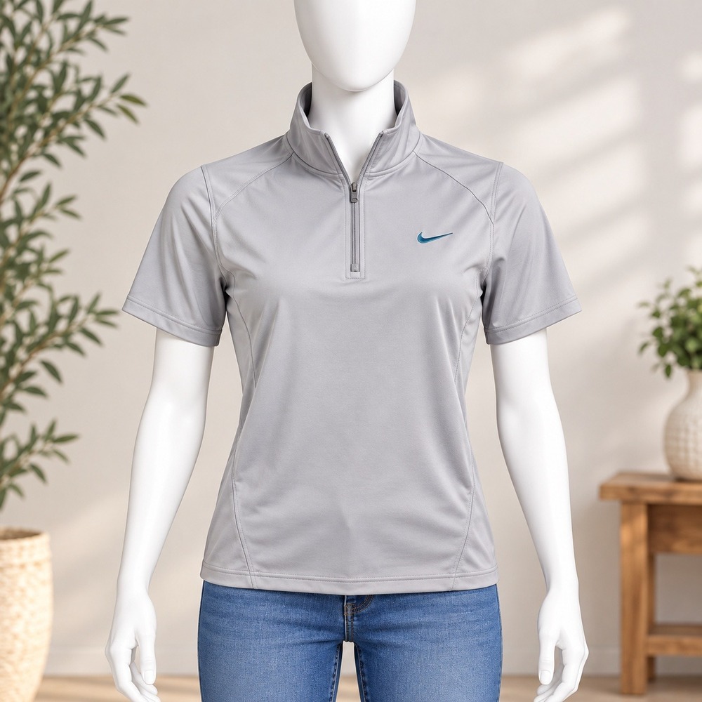 Nike Golf Polo Shirt Womens Medium Gray Laser Cut Perforated Mock Neck